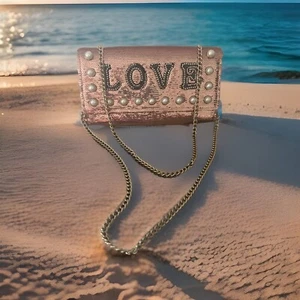Aldo Clutch Party Purse LOVE Sequin Pearl Chain Straps As Is - Picture 1 of 12