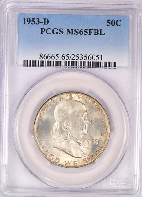 1953 D TONED Franklin Half Dollar PCGS MS65FBL Toning Silver Coin 50C - Image 1 of 4