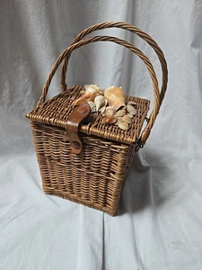 Cesta de almuerzo de picnic de mimbre vintage lonchera monedero maleta ratán MCM Ir9 - Imagen 1 de 8