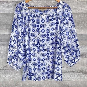 LOFT Square Neck Peasant Top Womens S White Blue Geo Print 3/4 Balloon Sleeve - Picture 1 of 6