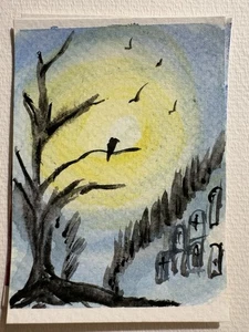ACEO Original Acryl Gemälde Dark Night gruseliges Waldmonster geben Vogel LOL - Bild 1 von 2