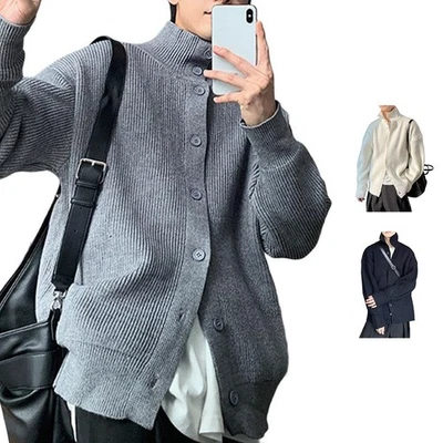 Mens Long Sleeve Cardigan Sweater Solid Color Single Breasted Button Front - Image 1 of 4