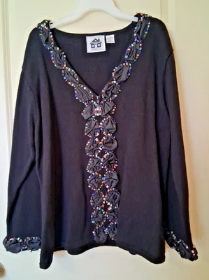 Storybook Knits Cardigan Sweater 2X "Festive Gems" Stone Beading Ruffle Trim - Image 1 of 4