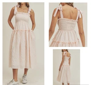 Mable Womens Pink Smocked Ruffled Sundress Small Gingham Textured Summer Picnic - Picture 1 of 19