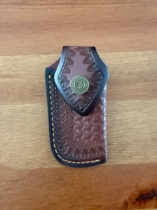 3.5" Brown Leather Pocket Knife Sheath with Belt Holder Hand Made Spain - Picture 1 of 6