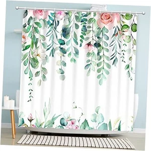 Watercolor Eucalyptus Shower Curtain, Spring Shower Green Leaves With Flowers - Picture 1 of 8
