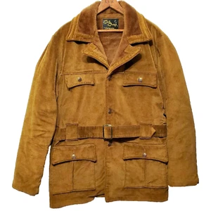 Vtg 1970s Suede Jacket Men's L Coat Pile Lined Cal Craft Belted Cotton Faux Fur - Picture 1 of 12