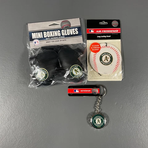 Oakland Athletics MLB Ultimate Fan Gift Lot Gloves, Air Freshener, Bottle Opener Cover