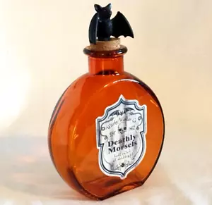 NEW Halloween Potion Bottle, Amber Glass,Bat Cork,Witchy Wanda's Deathly Morsels - Picture 1 of 8