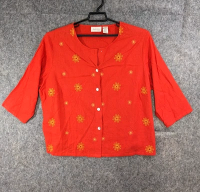 Studio Works Top Womens 2X Red Yellow Floral Linen Blend Button-Up Short Sleeve - Image 1 of 4
