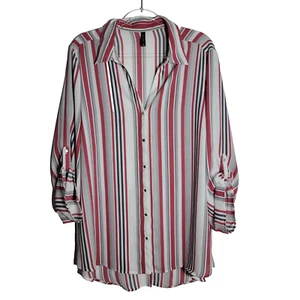 Massini Striped Tunic Top Plus Size 2X Tab Sleeves Split Back Button Up Pink - Picture 1 of 8