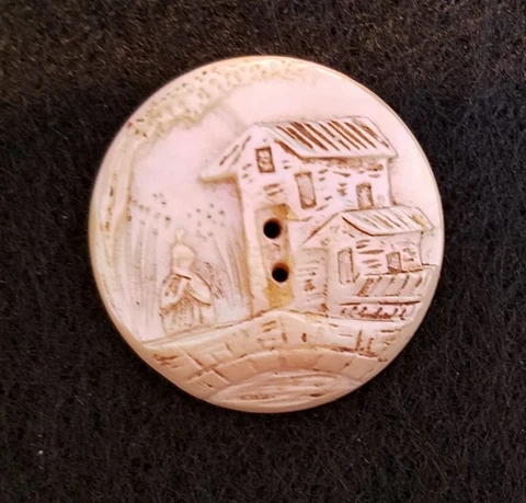 ANTIQUE CARVED PEARL SEW-THRU BUTTON WITH, HOUSE, PERSON & COUNTRY SCENE 1-1/16" Cover