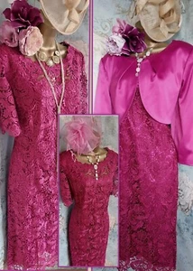 Jacques Vert Gina Bacconi cerise Lace Dress Jacket Occasion mother Wedding 14 16 - Picture 1 of 23
