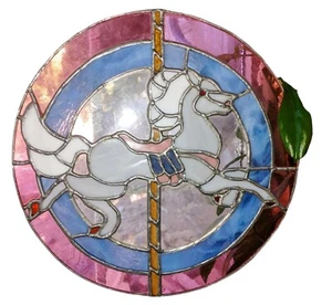 Stained Glass Leaded Carousel Horse Round Hanging Window Panel 12.5" Dia VTG - Picture 1 of 9