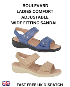 LADIES WIDE FITTING ADJUSTABLE SANDAL BEIGE & BLUE LIGHTWEIGHT COMFY NEW BOXED - Picture 1 of 13