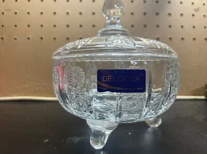 Delisoga Vintage 3 footed Lead Crystal Diamond Design Covered Candy Dish - Picture 1 of 8