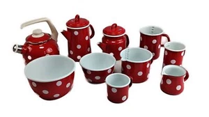 Vajilla de esmalte de boca rojo-blanco, olla de leche, tazón, taza medidora, jarra - Imagen 1 de 12