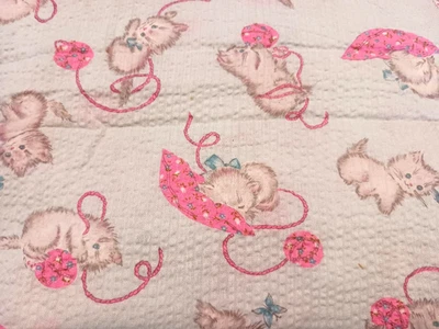 Charming Vintage Seersucker Fabric Lt Blue w Kittens Cats Playing w Yarn 36"x2 Y - Image 1 of 4