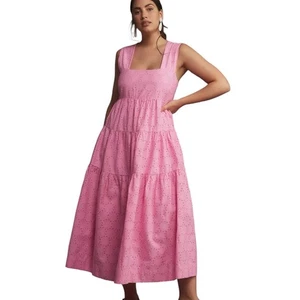 Anthropologie Midikleid quadratischer Ausschnitt Ösen Stufen rosa XLP neu mit Etikett - Bild 1 von 9