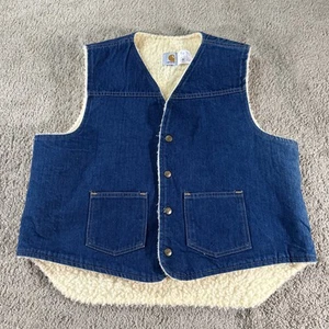Vtg Carhartt Vest Men XL Blue 8SV Denim Sherpa Buttoned Made In USA No Logo 80s - Picture 1 of 12