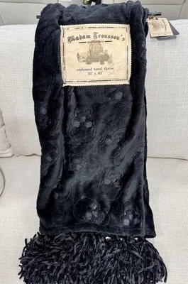 万圣节哥特浮雕黑色骷髅超柔软毛绒毯带流苏 BN — 第 1/4 张图片