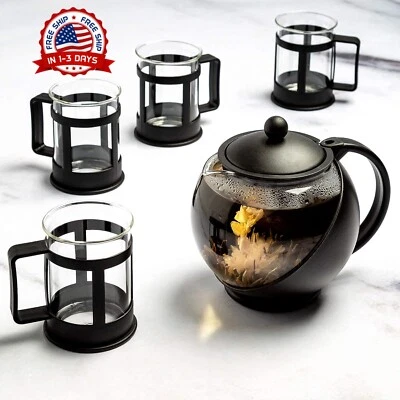 Juego De Tetera De Vidrio Con 4 Tazas De Té De Doble Pared Y Acero Inoxidable US - Image 1 of 4