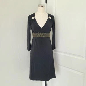 BCBGMaxazria Black/Gold Trim Stretchy 3/4 Flared Sleeve Dress Sz XS LBD Gift - Picture 1 of 5
