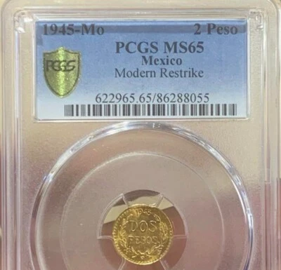 MONEDA DE ORO RESTRIKE DE 2 PESOS MÉXICO MODERNO 1945 PCGS MS65 Foto 1 de 4
