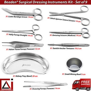 Surgical Dressings First Aid Kit Bandage Suture Scissors Tweezers Forceps 9 PCS - Picture 1 of 10