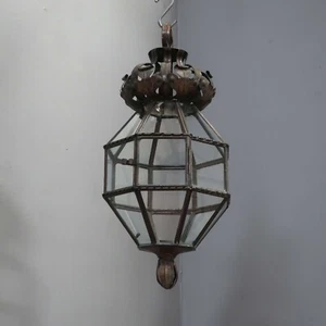 Antique Vintage French Glazed Copper Hall Lantern Light Pendant - Picture 1 of 9