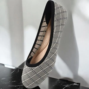 Knit Ballet Flats Womens Dress Shoes Round Toe Work White Check Size 7 EU 40 - Picture 1 of 7
