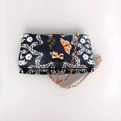 Ted Baker Bag Blue Floral Clutch Evening Purse Gold Tone Chain Bow NEW 7x4 - Image 1 of 4