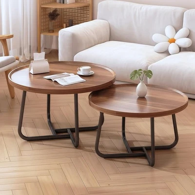 Walnut Nesting Coffee Tables Set of 2 Round Side Table Living Room Storage - Image 1 of 4