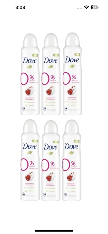 6 PACK Dove 0% Aluminum Free Deodorant Spray, 48 Hr. Pomegranate/Lemon Bulk - Image 1 of 4