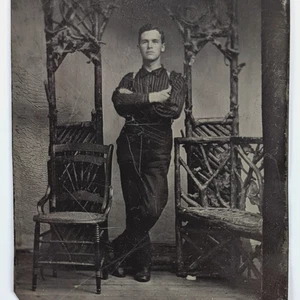 Tintype Photo Man Standing Wood Studio Props ID'd Charles Koehler - Picture 1 of 7