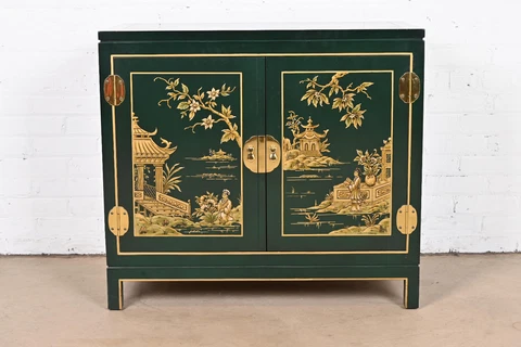 Kindel Furniture Hollywood Regency Chinoiserie Green Lacquered Bar Cabinet Cover