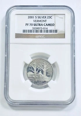 2001 S Silver 25C VERMONT State Quarter NGC PF70 ULTRA CAMEO Brown Label - Image 1 of 2