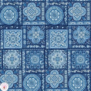 Benartex BLUESETTE 13444 55 Navy Blue Floral Tiles Quilt Fabric JAN SHORES - Picture 1 of 2