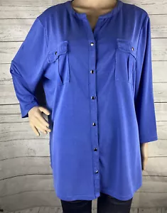 Croft & Barrow Plus Size Blouse 1X Blue Silver Buttons Soft Modal Poly Blend - Picture 1 of 12