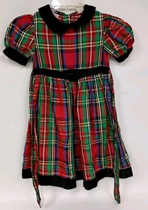 Vintage Girls Holiday Velvet Dress Primrose Red &Green 5T Lace Puff Sleeves Bow - Picture 1 of 5