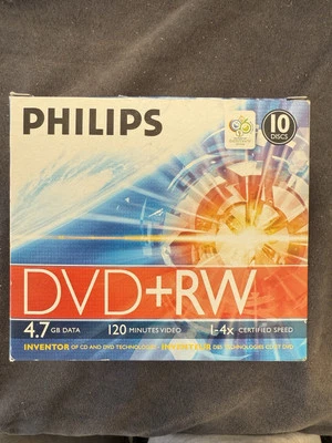 PHILIPS - 4x Speed DVD+RW Blank DVDs (CD CASES) REWRITABLE (10 PACK) BRAND NEW - Image 1 of 4