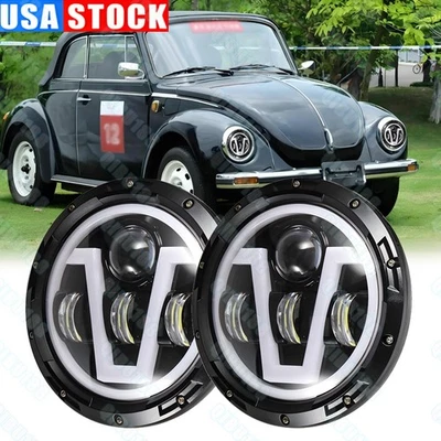 Par de faros LED redondos para VW Beetle 1950-1979 7" pulgadas halo DRL haz alto/bajo Foto 1 de 4