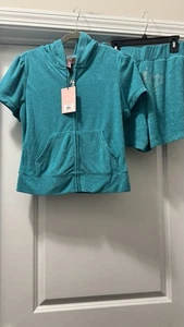 Sudadera con capucha y pantalones cortos Juicy Couture Terrycloth Coastal Teal manga corta, talla M nueva con etiquetas - Imagen 1 de 6