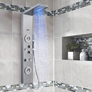 LED Rainfall Shower Panel Tower Brushed Nickel Fixtures Massage Body Jet System - Picture 1 of 10