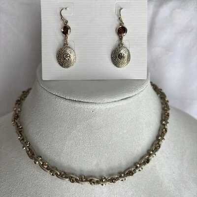 Lia Sophia Kiam Family Necklace Brown & Earrings Light Gold Tone Satin Finish - Image 1 of 4