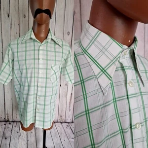 Goldress Vintage Dagger Collar Shirt -Large- White/Green Check 1970s Mod CV33 - Picture 1 of 10
