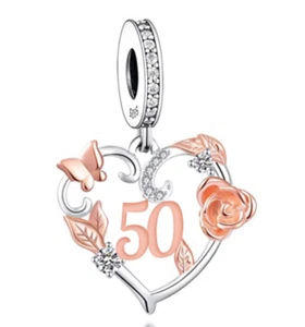 CLOSING DOWN SALE New Sterling Silver 50th Birthday Butterfly & Rose Charm Bead - Picture 1 of 2