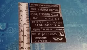 CUSTOM ALIENS FACEHUGGER SPECIFICATIONS DATA PLATE PROP XENOMORPH ALIEN - Picture 1 of 2