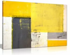 Abstrakt Modern Gelb & Grau Gemälde Leinwand Wandbild Bild Druck - Bild 1 von 5