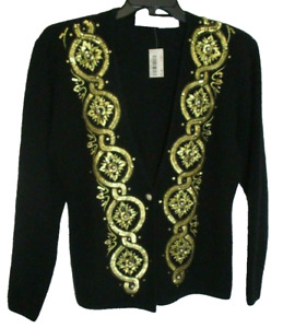 Angora & Lambs Wool Cardigan sz M Black with Gold Sequins Pearl Buttons